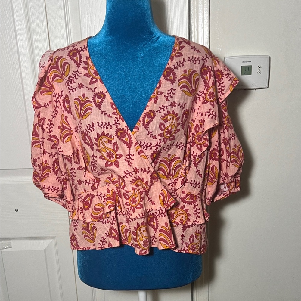Anthropologie Rahi Floral V-Neck Ruffle Sleeve Top - Pink Women’s Small